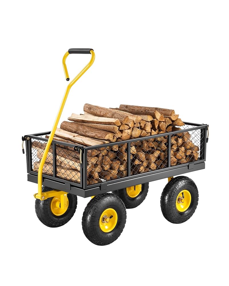 VEVOR 500 Lbs Steel Garden Cart, Heavy Duty Garden Wagon Cart Pullable on Wheels, Metal Yard Utility Wagon Carts with 10" All Terrain Tires, Mesh Removable Sides and 180°Rotating Handle
