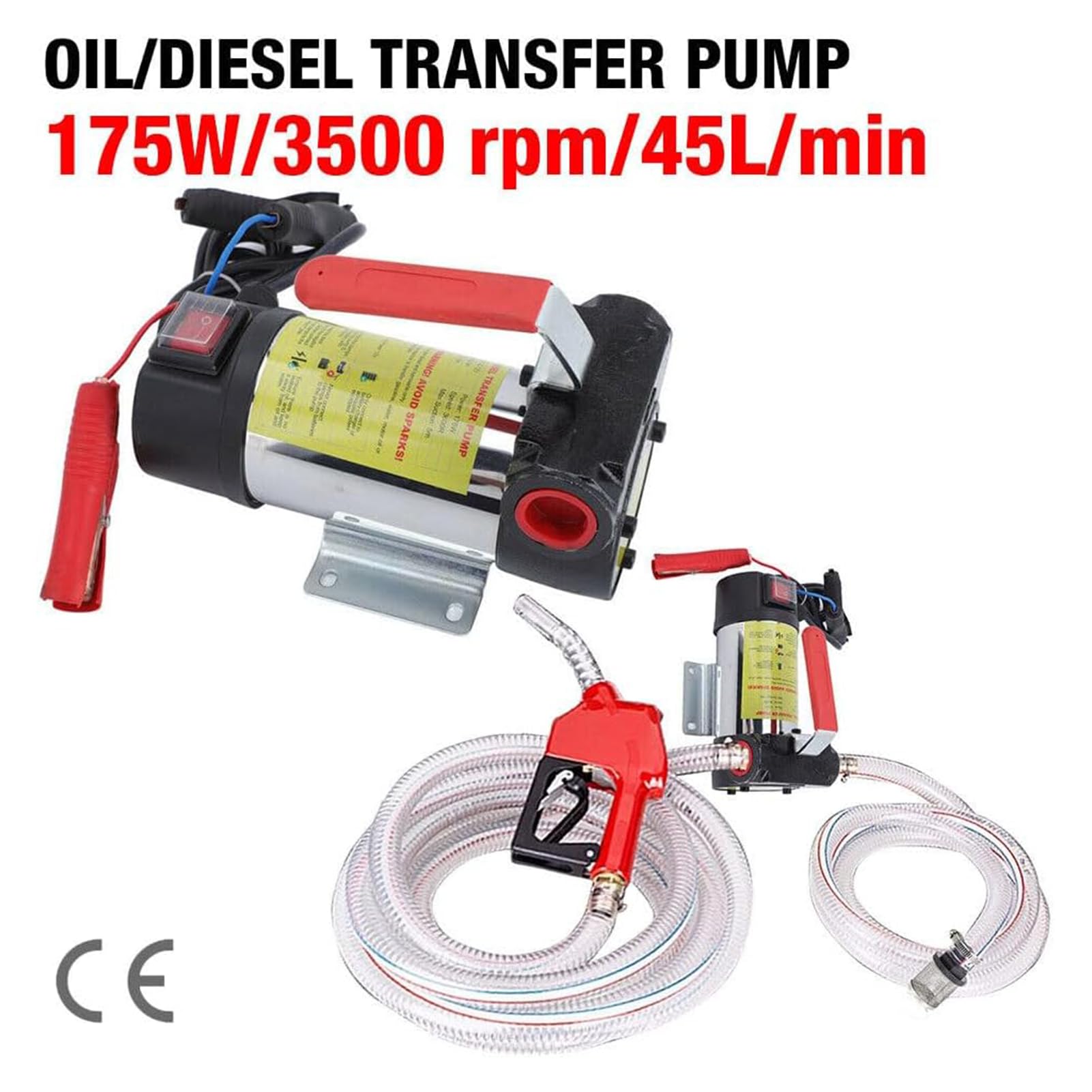Trintion 12V 175W Dieselpumpe Dieselförderung Elektrische Ölpumpe 45L min 3600 l/h Mit Kraftstoffdüse flexiblem Messing Rückschlagventil Schellen