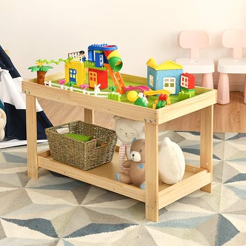 Miniatura 2 de Costzon Mesa de actividades 2 en 1 para niños con almacenamiento, tabla de bloques de construcción patentada con tablero para dibujar ladrillos,