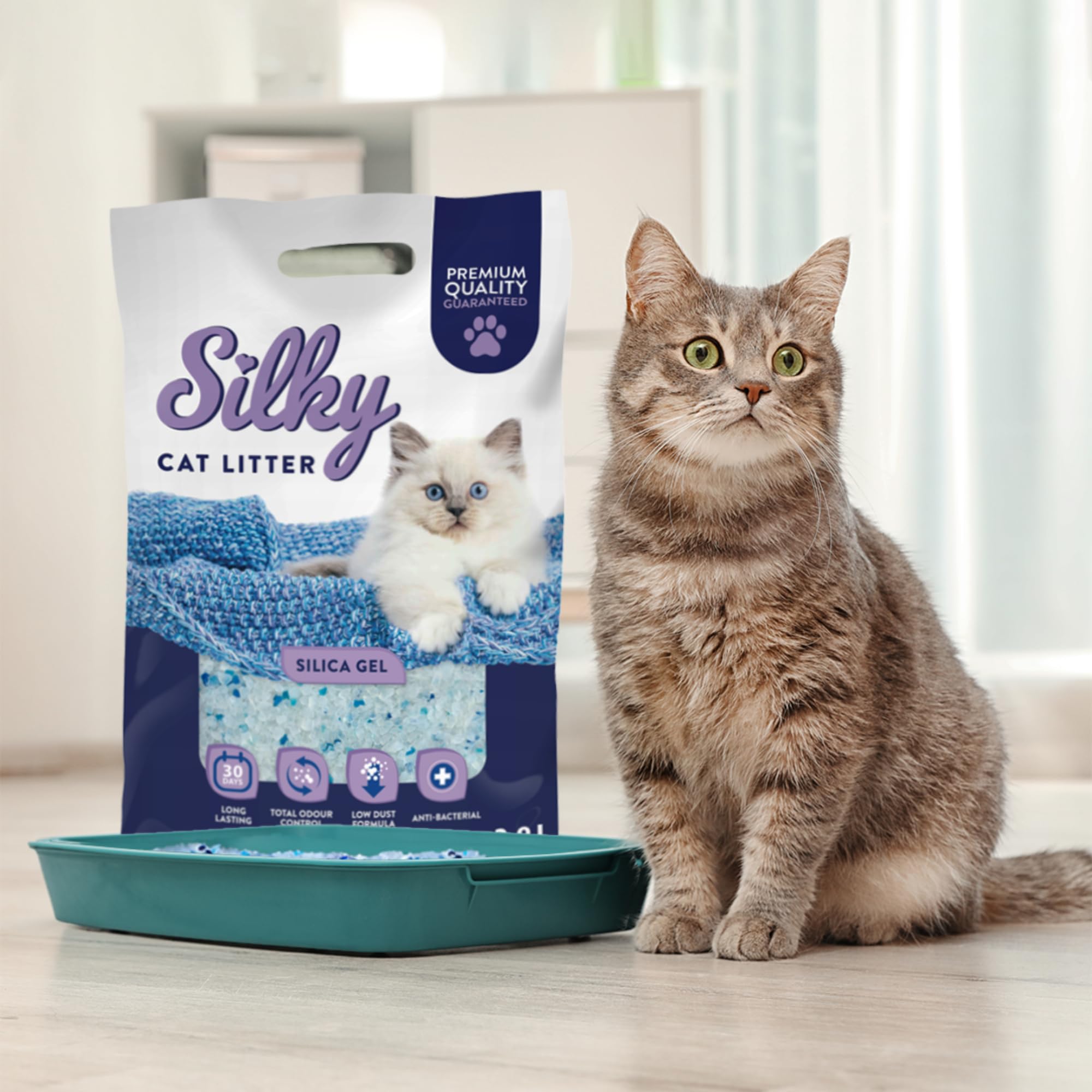 Silikat-Katzenstreu | 30,4L Satz | Hervorragende Geruchskontrolle, Staubfrei, Bakterienhemmend, Weich an den Pfoten, Extrem Saugfähig, Lang Anhaltende Frische, Silica | Silky Silikatstreu - 8er-Pack