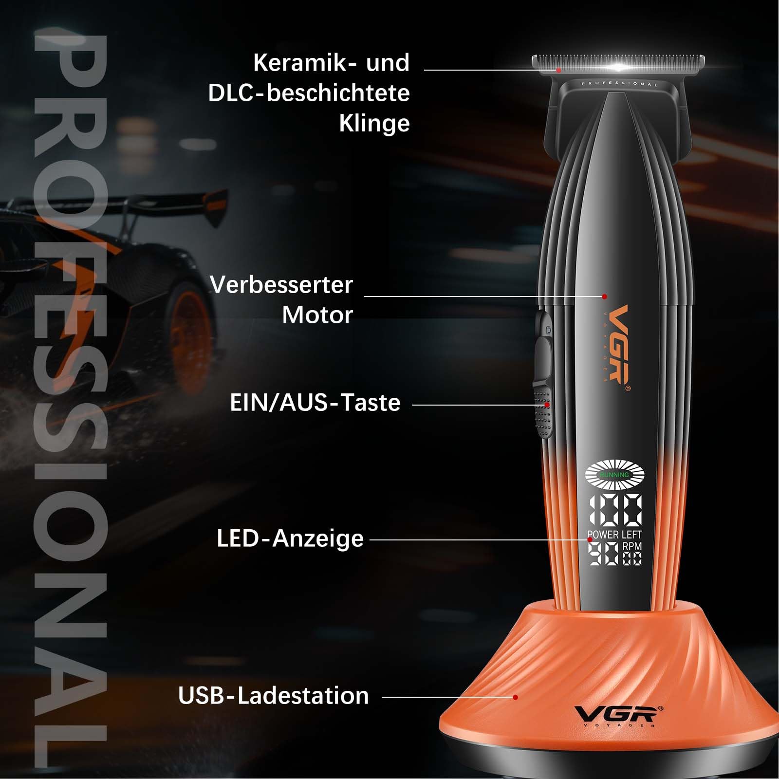 VGR 889T Professionelle Konturen Haarschneidemaschine, Kabelloser Trimmer Herren mit Ladestation, Präzision Haartrimmer Herren mit Turbofunktion, LED Display und USB Aufladung, Orange