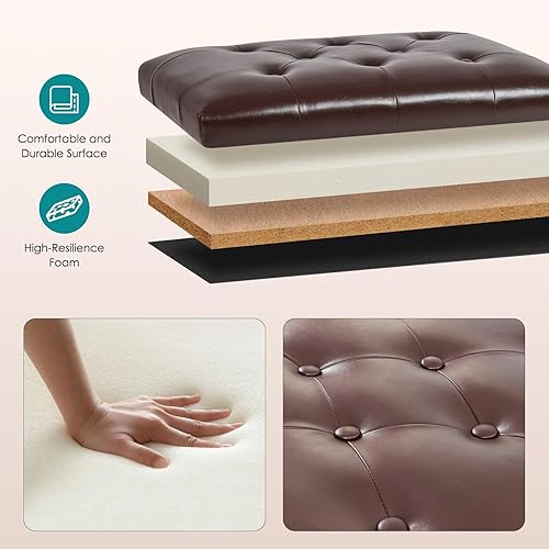 Miniatura 5 de Deco De Ville Banco otomano rectangular de 24 pulgadas, reposapiés de piel sintética con asiento acolchado de espuma, color rojo y marrón
