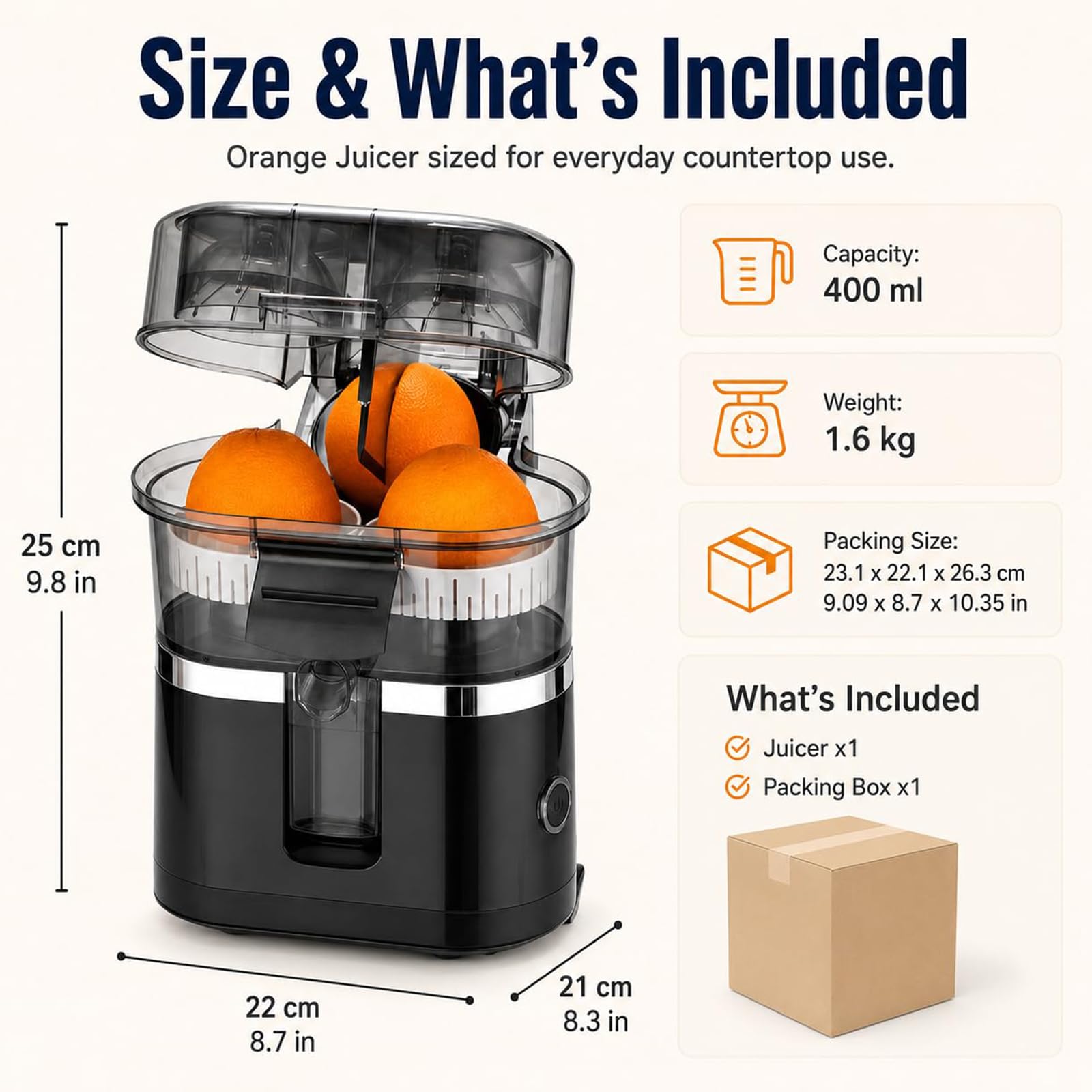 Exprimidor Eléctrico de Cítricos de Doble Cabezal, Exprimidor de Naranjas y Limones de 400ml con Motor de 18000RPM, Exprimidor Automático de 100W con Cortador de Frutas y Piezas Desmontables white