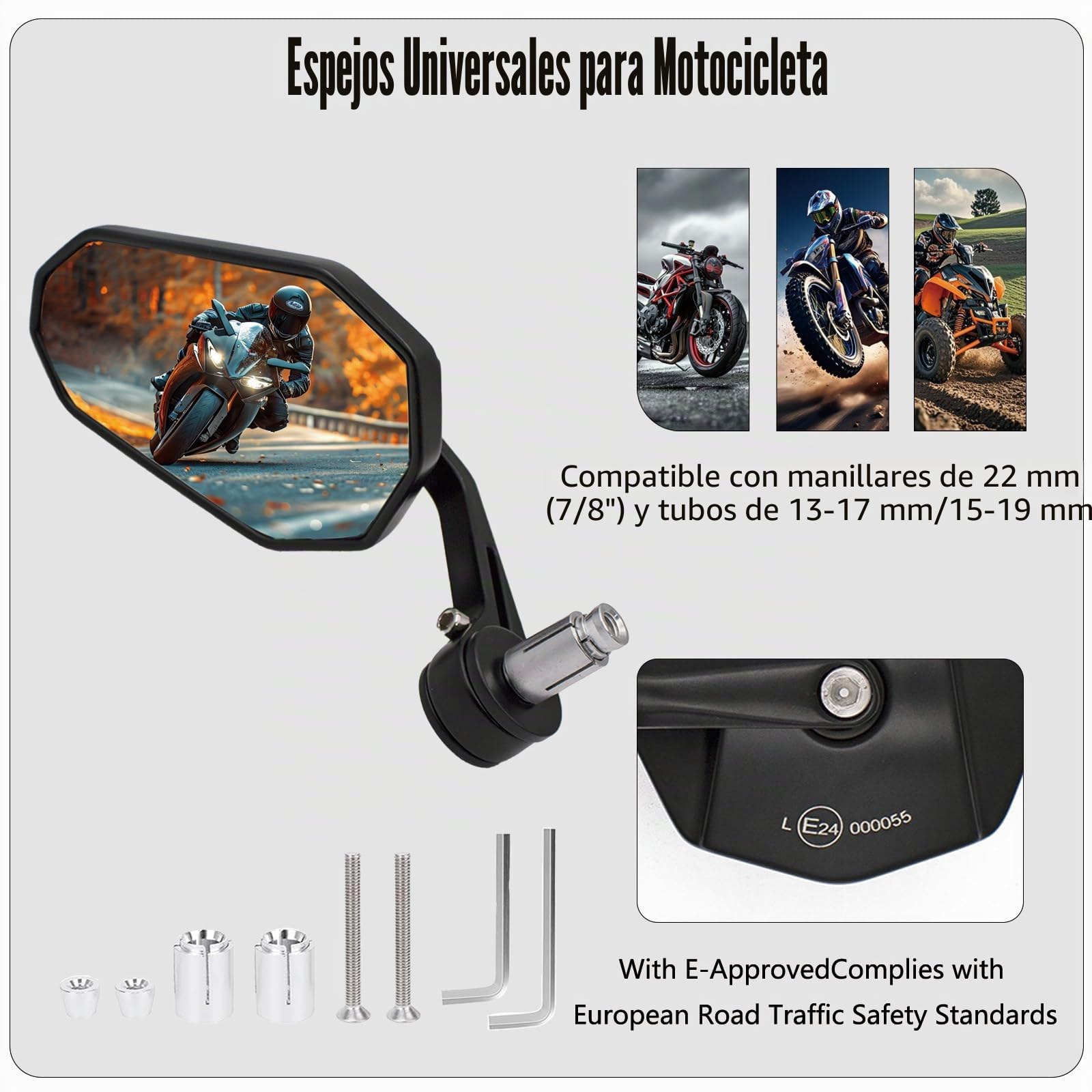 Espejos Retrovisores Moto Homologados, Bekasa 7/8" 22mm Espejos Moto Universales Aluminio Retrovisores Moto, Retrovisores de Manillares para Motocicleta Scooter vehículos Terreno