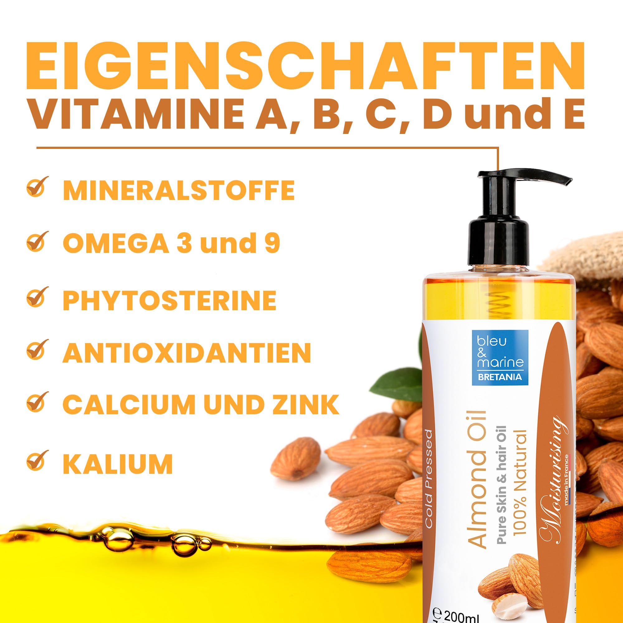 Bleu & Marine Bretania - Natürliches Mandelöl kaltgepresst 10000ml | Unraffiniert, GVO-frei | Schwangerschaftsstreifen-Vorbeugung | Make-up-Entferner | Haar-Reparatur, Orange