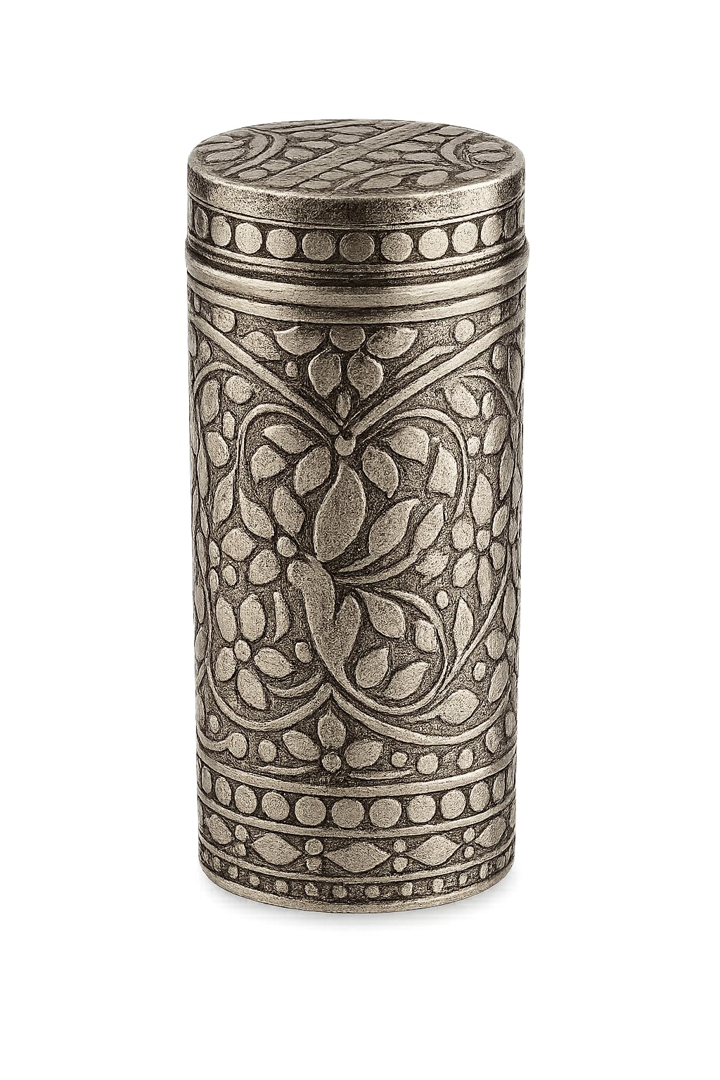 Hope Kart Antique Chuna Dani Dabi Silver Plated White Metal Empty Tobacco Chunauti Khaini Lime Dibbi for Men Chandi Box Katha Dabbi Container, 6.5L X 2 Dia cm, Pack of (1)-image-39