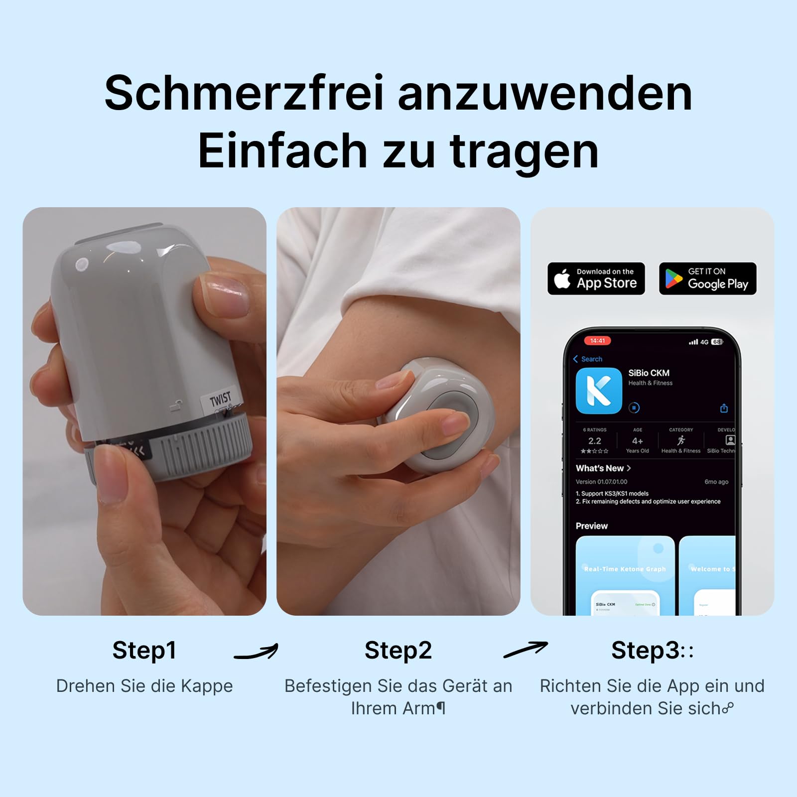 SIBIO KS3 Kontinuierliches Keton-Monitoring (CKM), 14-Tage Wearable-Sensor zur präzisen Ketose-Überwachung, Professionelles Echtzeit-Tracking für ketogene & Low-Carb-Diäten, kompatibel mit iOS/Android
