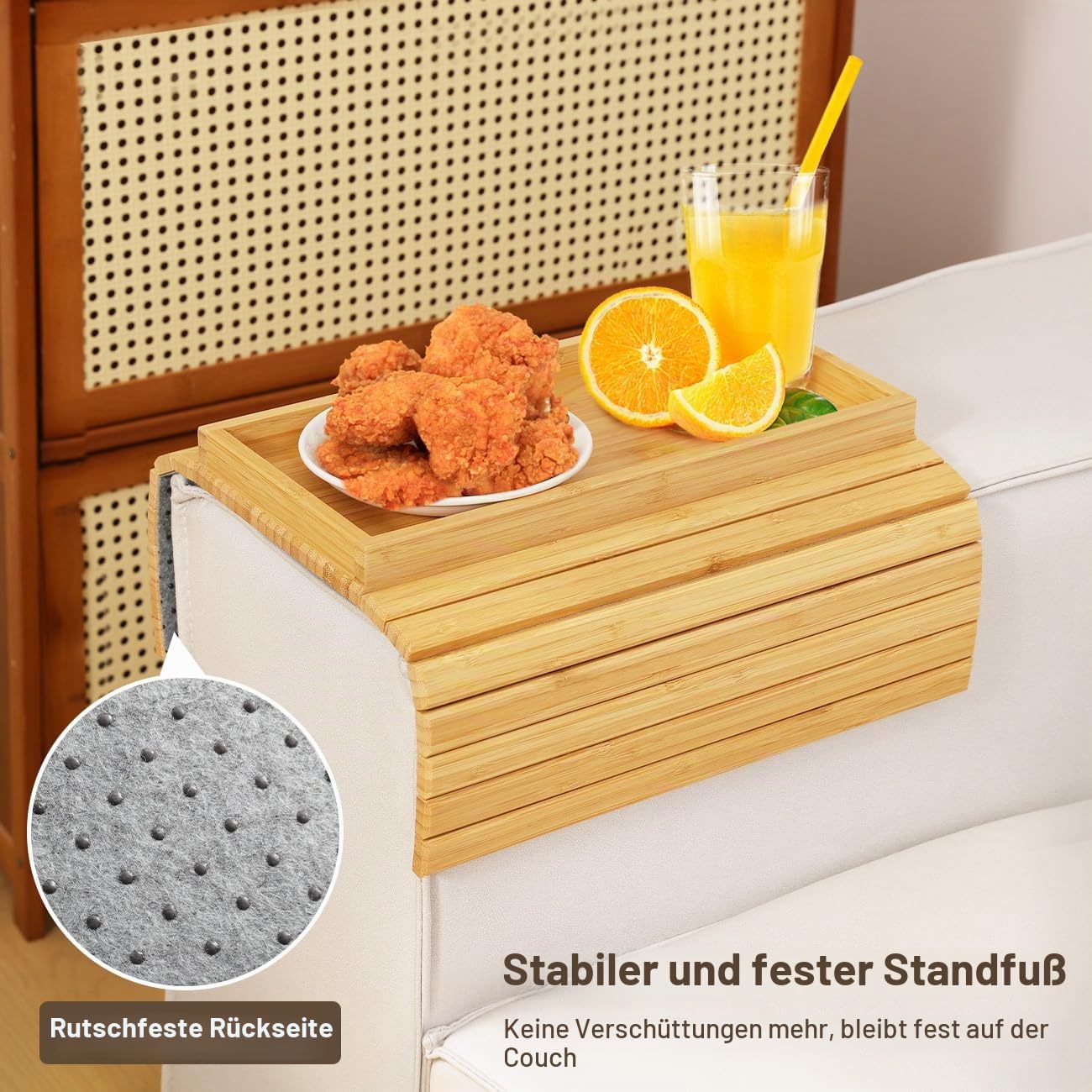 Sofatablett Armlehne, Bambus Sofa Tablett Sofa Ablage, Faltbares Couch Tablett Armlehne, Rutschfestes Sofa Armlehnentablett Sofatablett mit Getränkehalter für Snacks/Handy/Control/Tassen | Sofa Armlehne Tablett Tisch