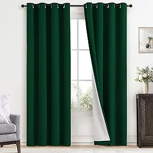 Yakamok 100% Blackout Curtains Dark Green Room Darkening Thermal Insulated with 2 Thick Layers-Hunter Green Window Drapes Set of 2 Panels for Bedroom Living Room 52 Inches by 84 Inches Length
