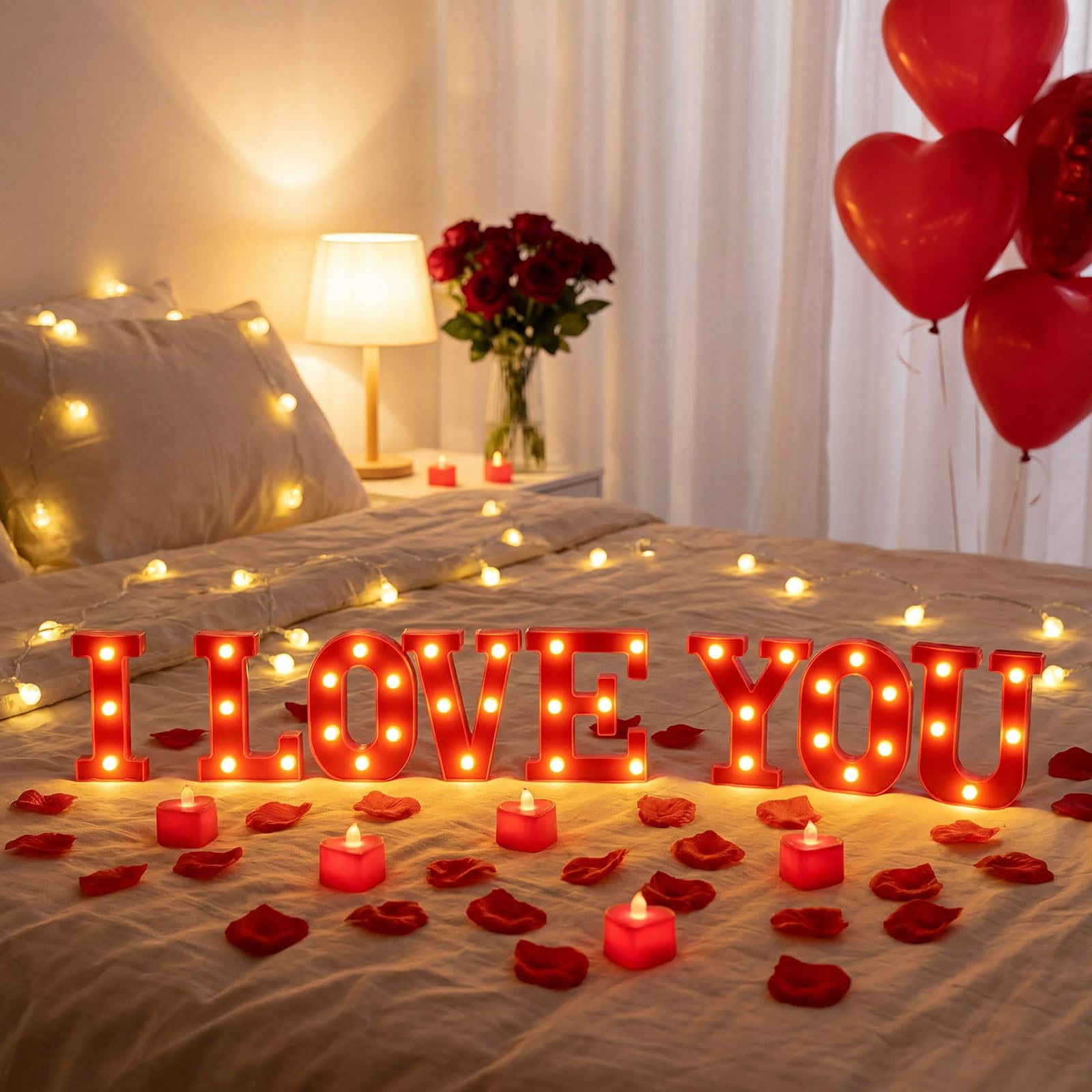 Lettres lumineuses « I Love You » avec 24 bougies LED sans flamme en forme de cœur - 2 000 faux pétales de rose - Décorations romantiques et spéciales pour la Saint-Valentin, un mariage, des