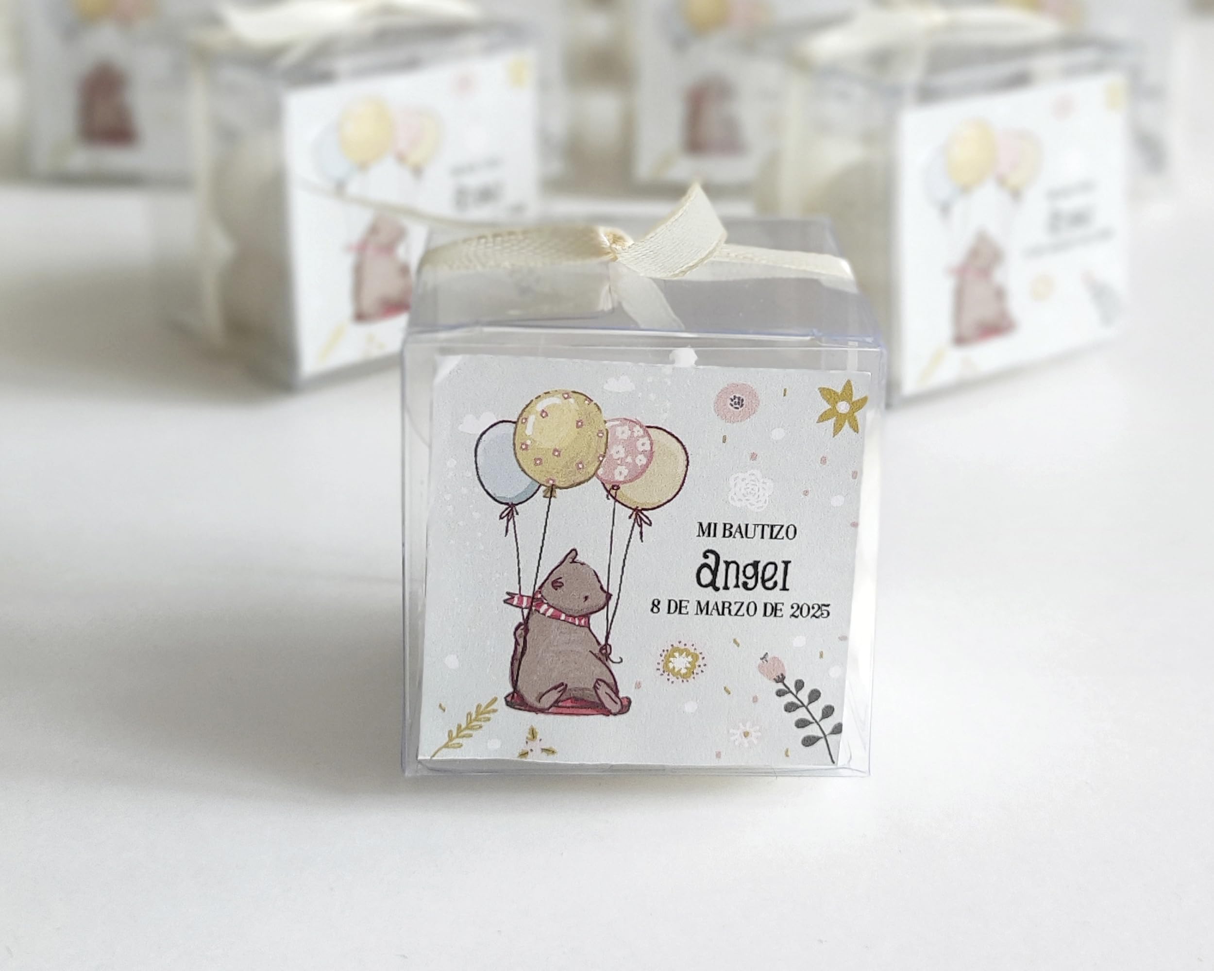 Set 12 Velas Aromáticas Bubble Personalizadas para el Bautizo, Aroma Chai, Regalo Ideal para los Invitados, Varios Diseños a Escoger