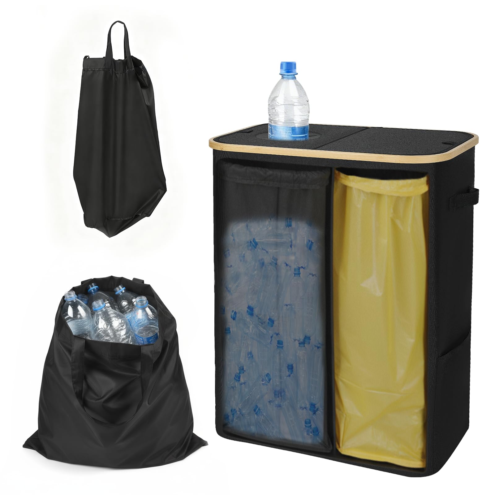 160L Collecteur de Bouteilles Avec Couvercle, 2 Compartiments Poubelle de Recyclage Poubelle Tri Selectif pour Plastique, Bouteilles Verre, Poubelle Exterieur de Recyclage avec Trou,