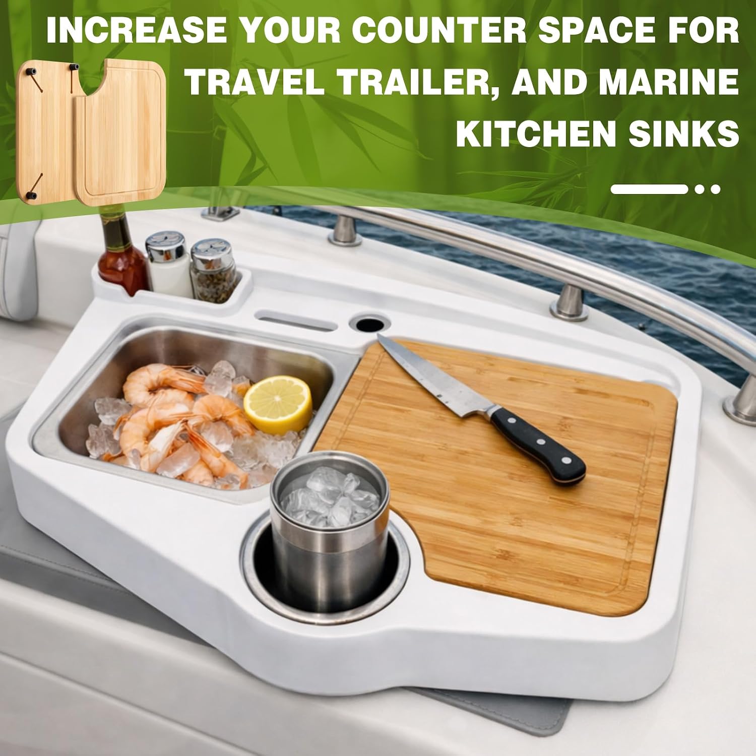 Ziliny 1 Pcs Rv Sink Cutting Board 14.5" x 12.5" Sink Cover Cutting Board with Adjustable Rubber Feet Compatible with Most Rv Boat Kitchen Sinks Built in Juice Groove and Corner Cut for Scraps(Bamboo)