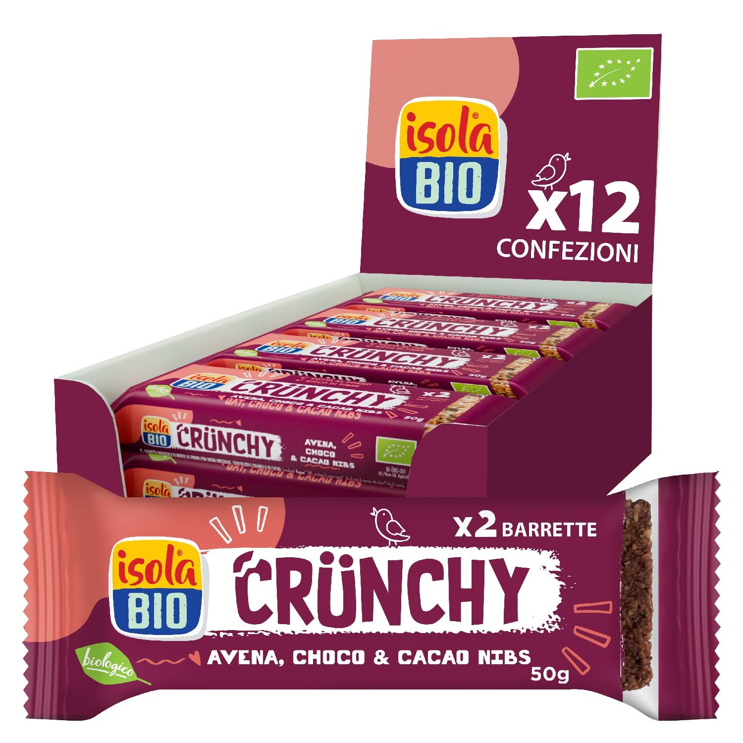ISOLA BIO Barrette con Avena Integrale, Cioccolato e Granella di Cacao Bio, Crunchy, Fonte di Fibre, Vegan, 12 Confezioni da 50g (2 Snack per Confezione, Totale 24 Barrette)