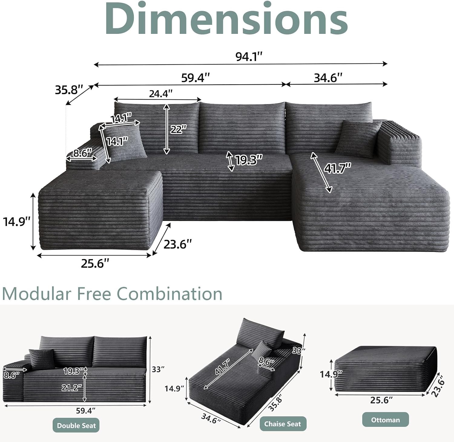 95" Modular Corduroy Sectional Sofa Right-Facing Chaise Dark Gray No Assembly