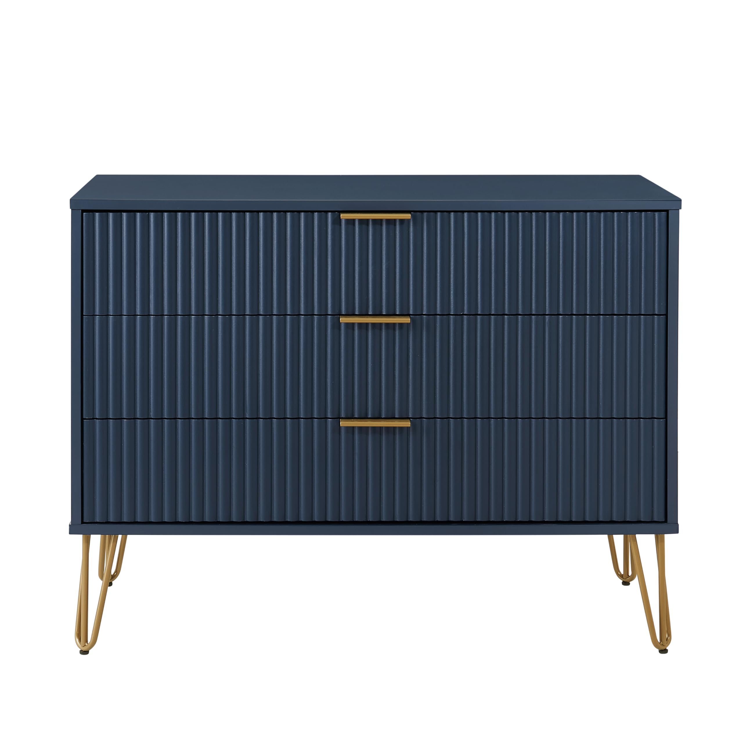 Manhattan Comfort Dumbo Modern 3 Drawer Dresser with Fluted Ribbed Front, No Tool Assembly, Hairpin Splayed Gold Metal Legs, Storage Chest, Entryway