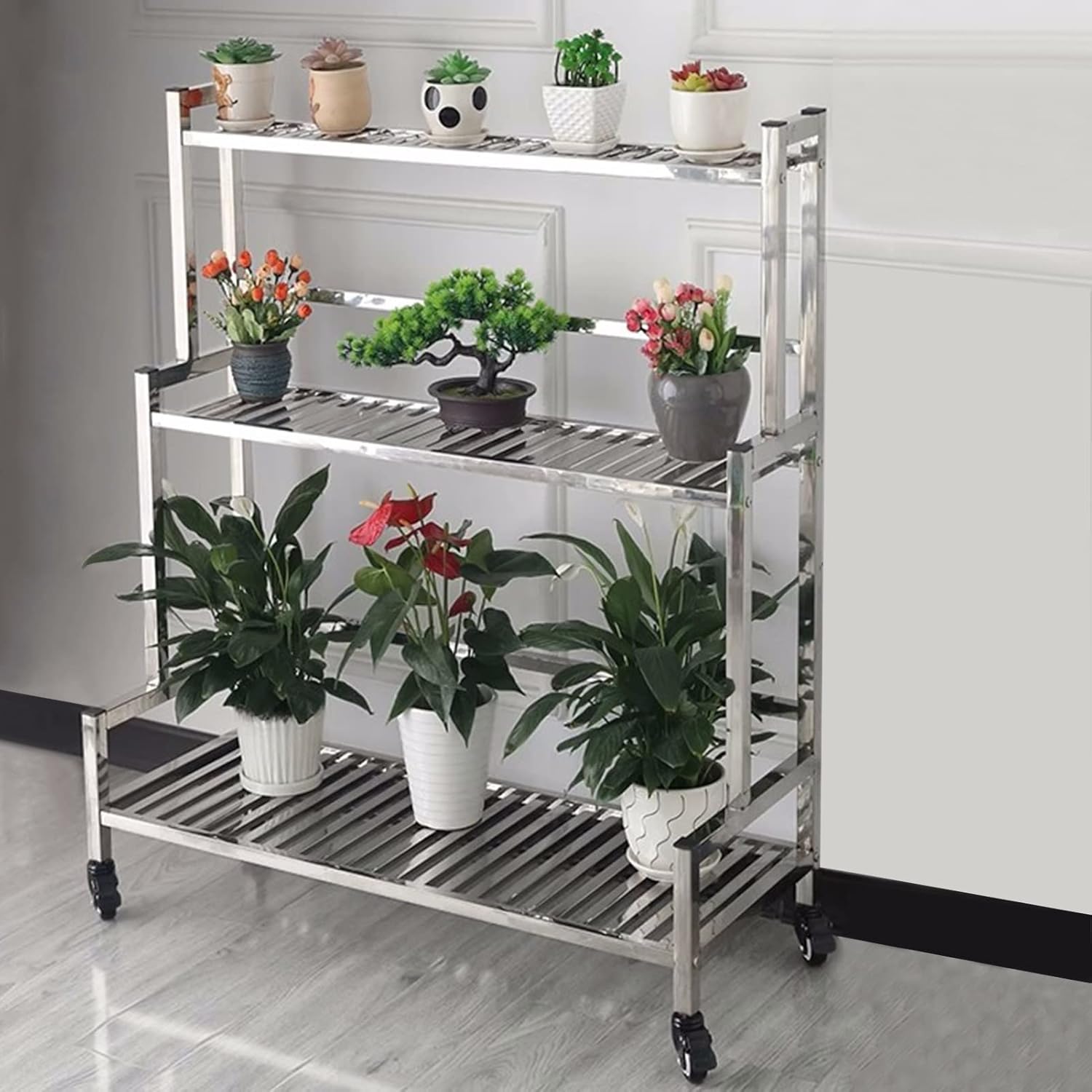 Plant Shelf with Wheels, 3 Tiers Metal Stainless Steel Plant Stand Racks Multi-Function Outdoor Flower Storage Shelves Patio Flower Rack for Multi Pots Display Shelving (Size : 120x40x106cm)