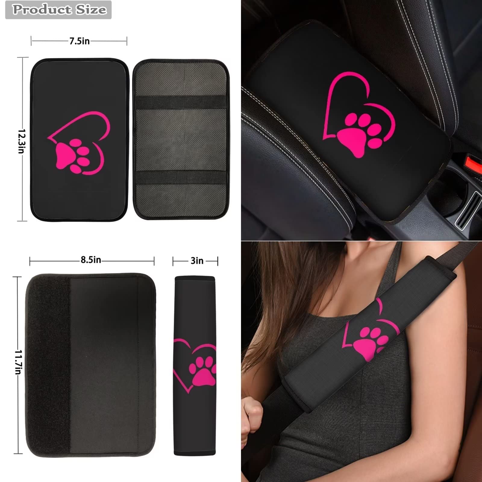 Dolyues Set di 10 accessori per auto con zampa e cuore, coprivolante, portachiavi, portachiavi, bracciolo consolle, sottobicchiere auto, carino