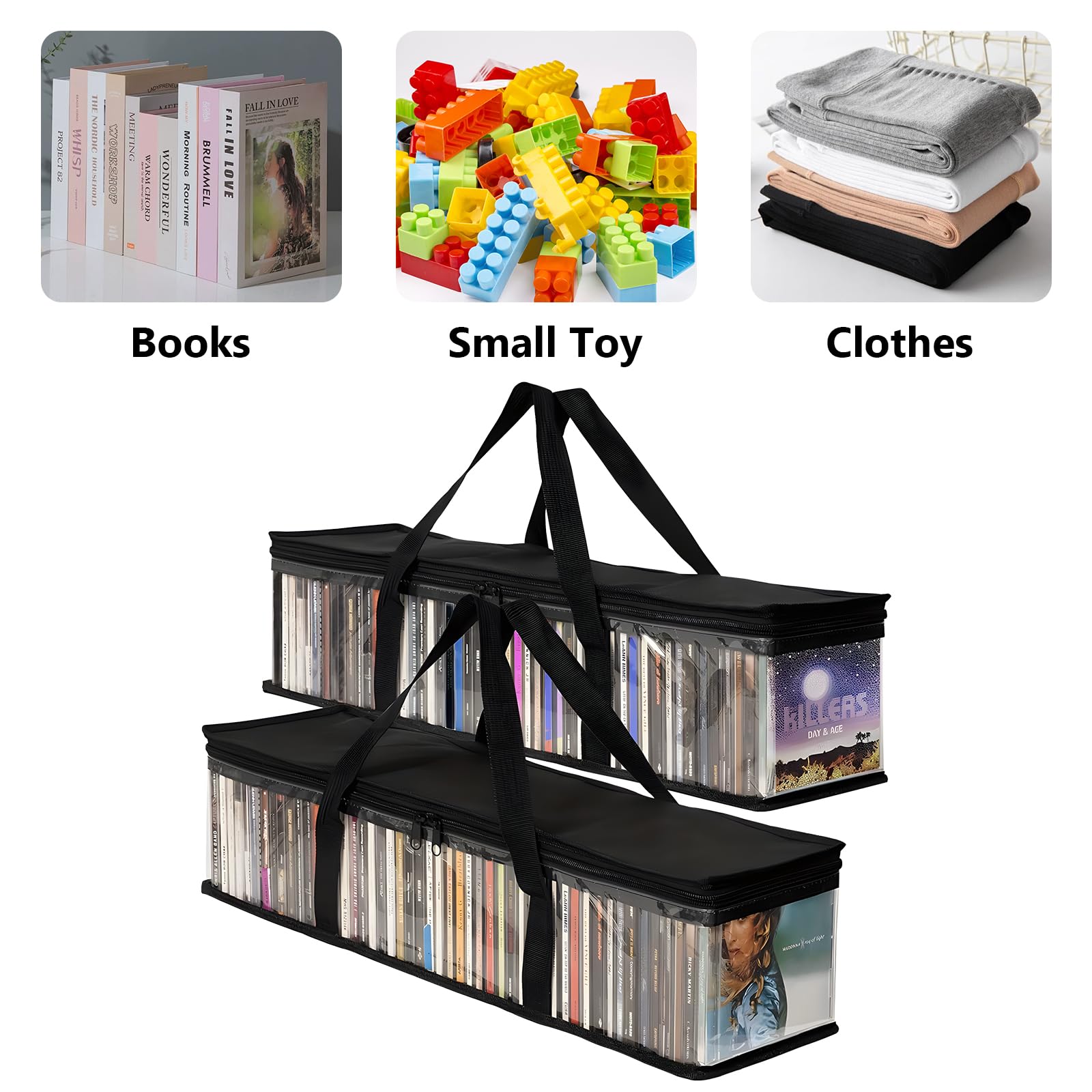 61x14x22cm Sacs de Rangement en Tissu Oxford PVC, Étui Transparent Grande Capacité avec Poignées Renforcées, Organisateur Portable pour Transport CD DVD Jeux Vidéo Livres Albums