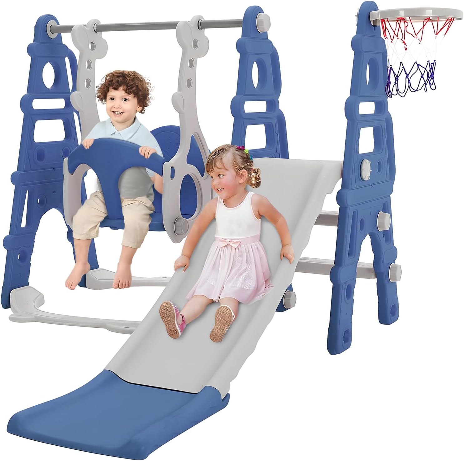 INMOZATA 4 in 1 Kids Slide with Basketball Hoops & Swing, Slide and Swing Set for Kids, Toddler Climber Slide Playset for Toddlers Age 1-3-Perfect for Indoor & Outdoor (Blue)
