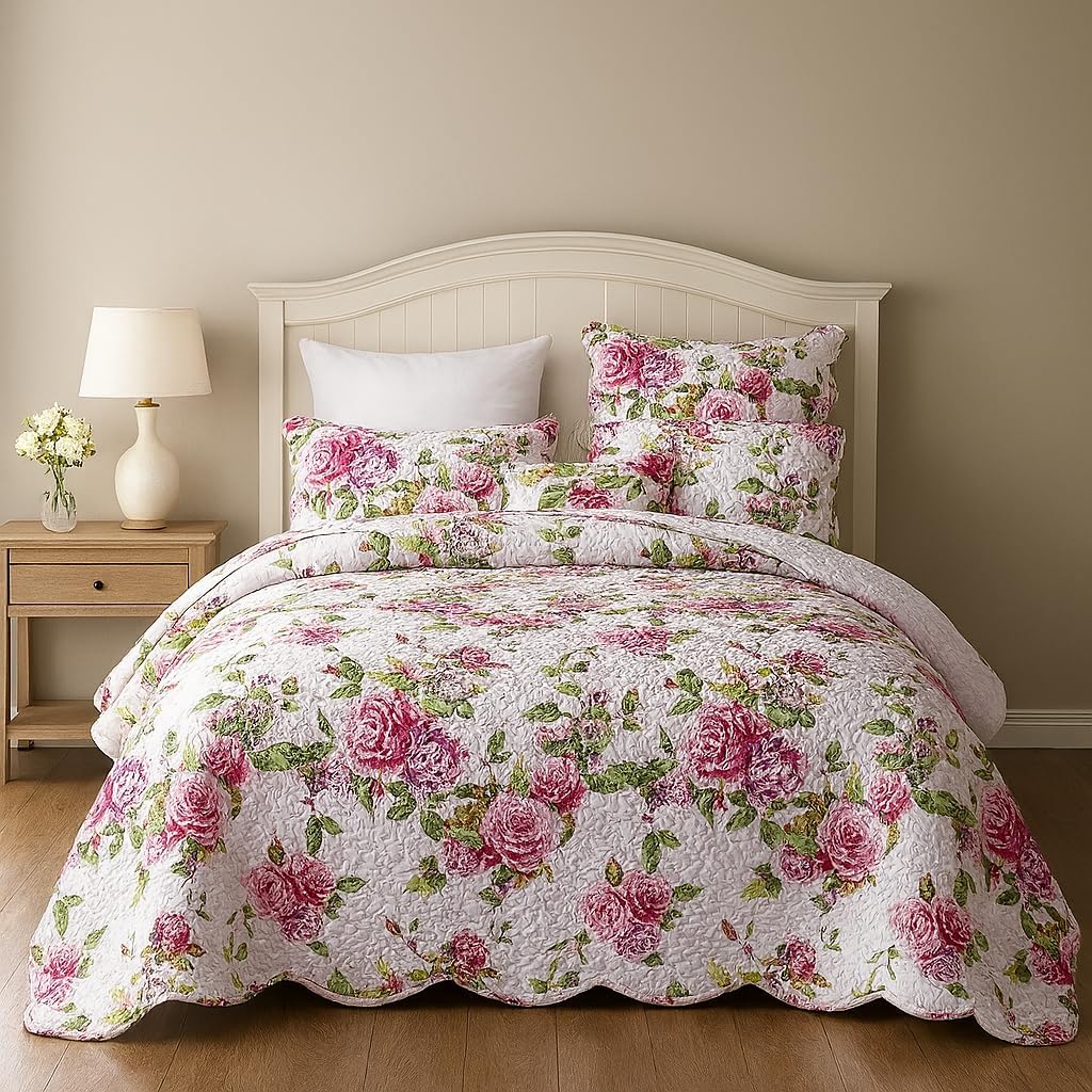 DaDa Bedding Romantic Roses Floral Bedspread Set - Lovely Spring Pink & White Scalloped Colorful Lightweight Breathable - Bright Vibrant Quilted Coverlet w/Pillow Shams - Twin - 2-Pieces