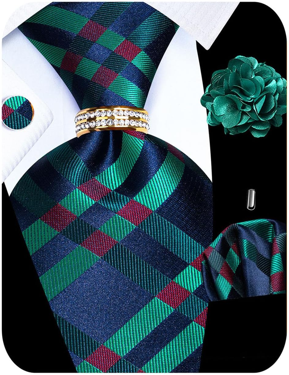 5PCS Tie and Pocket Square for Men, Silk Necktie and Handkerchief Cufflinks with Gold Ring and Lapel Pin Set Red and Green Tie Set -295 - Image 1 of 5
