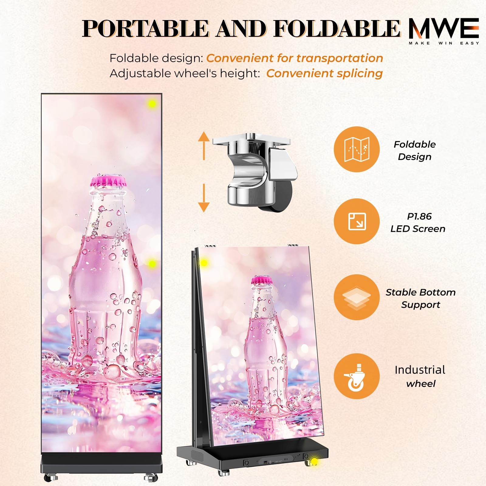 MWE P1.86 Spliceable LED Poster Screen with Flight Case, Foldable LED Digital Signage Advertising Display Kiosk with Publishing System, Portable Digital Poster for Events and Rentals (2 Panels), Black