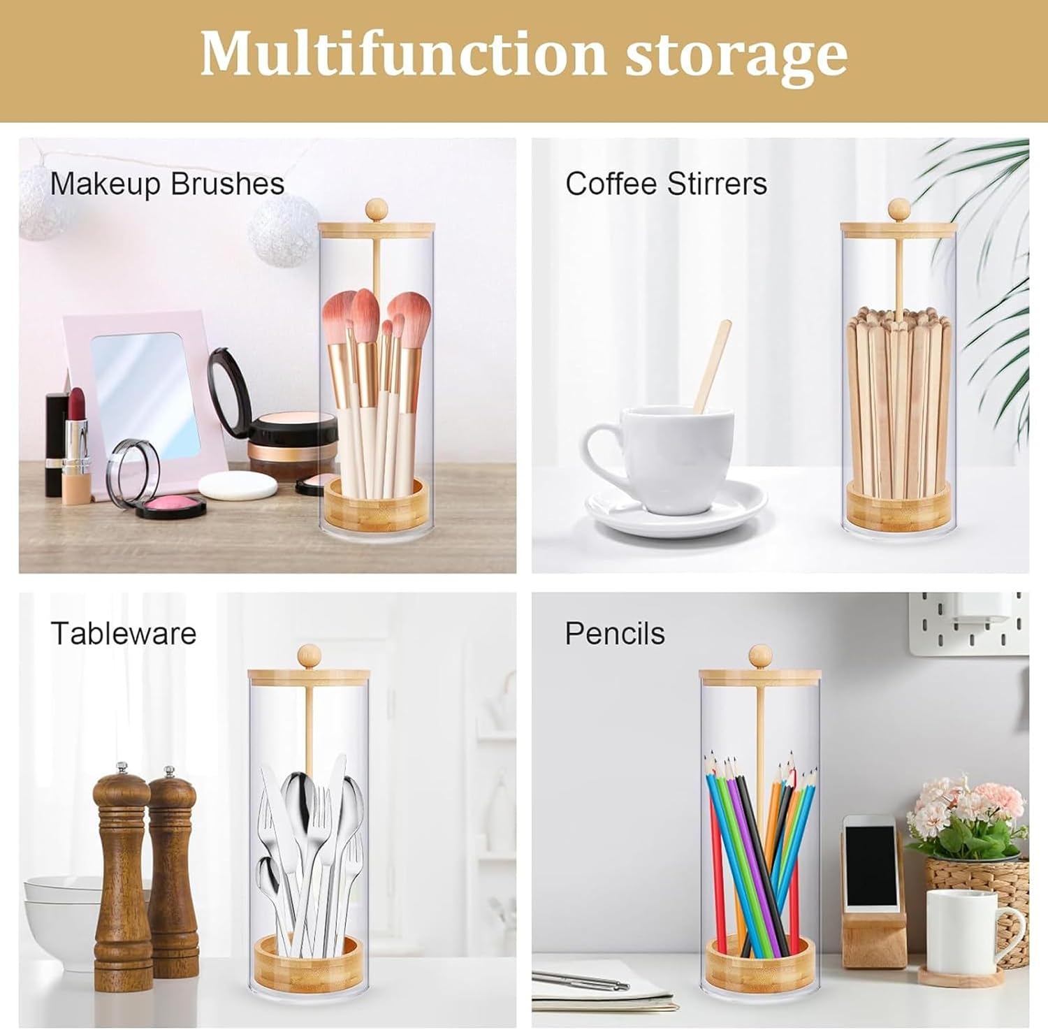 Straw Dispenser, Straw Dispenser with Bamboo Lid Clear Acrylic Holder Versatile Storage Container for Straws Utensils Makeup Brushes (25x8cm).