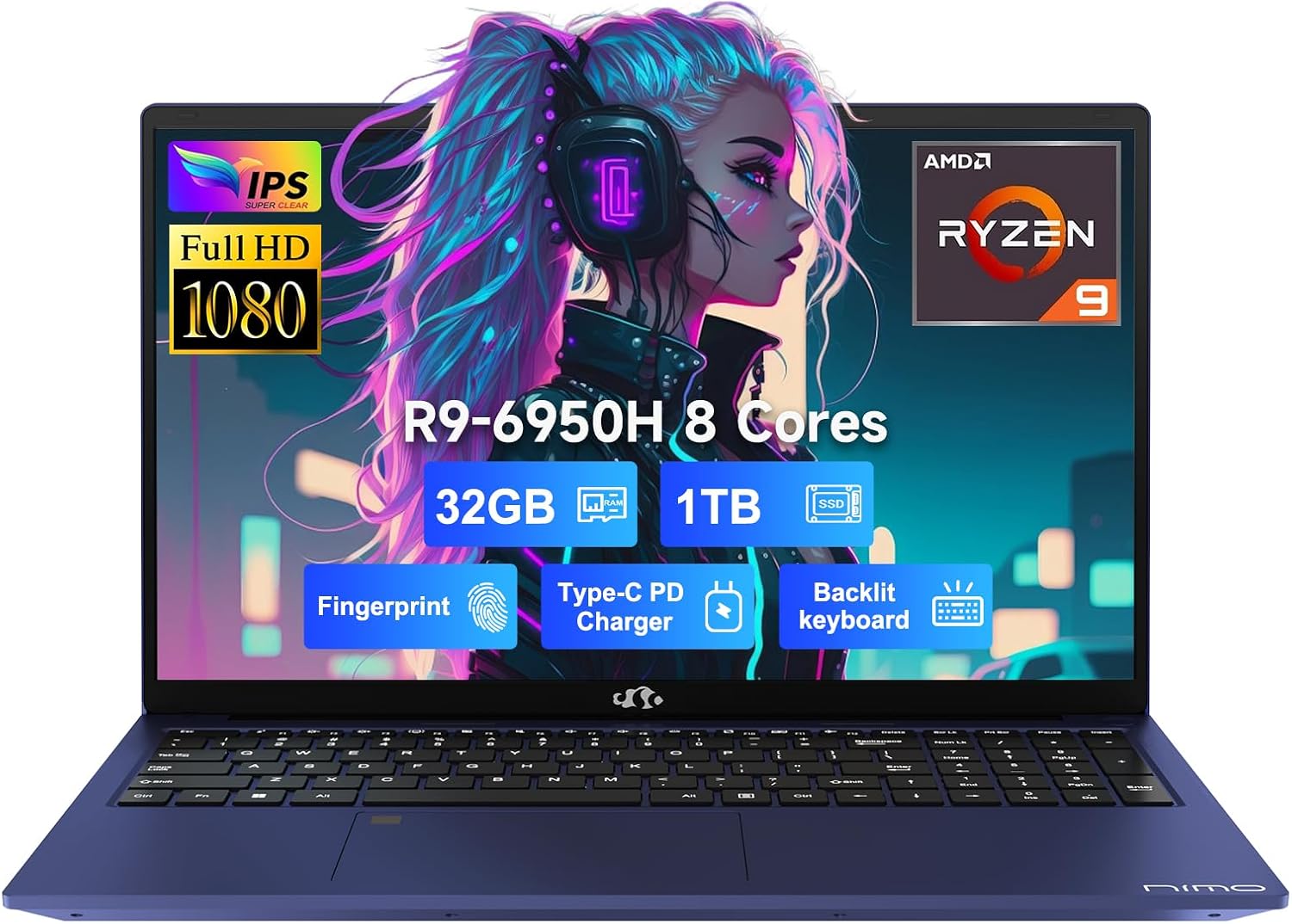 NIMO 17.3 FHD IPS Gaming Laptop Computer, 8 Cores AMD Ryzen 9 Pro 6950H 680M DDR5(Up to 4.9GHz, Beatsi9-10900), 32GB RAM 1TB SSD, 100W Type C, Backlit Keyboard, WiFi 6, Long Battery Life, Win 11