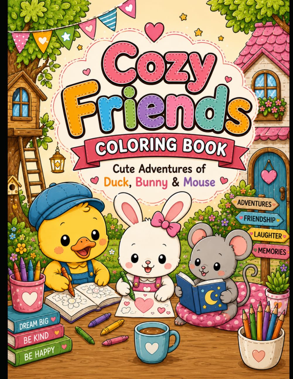 Cozy Friends Coloring Book: Cute Adventures of Duck, Bunny & Mouse