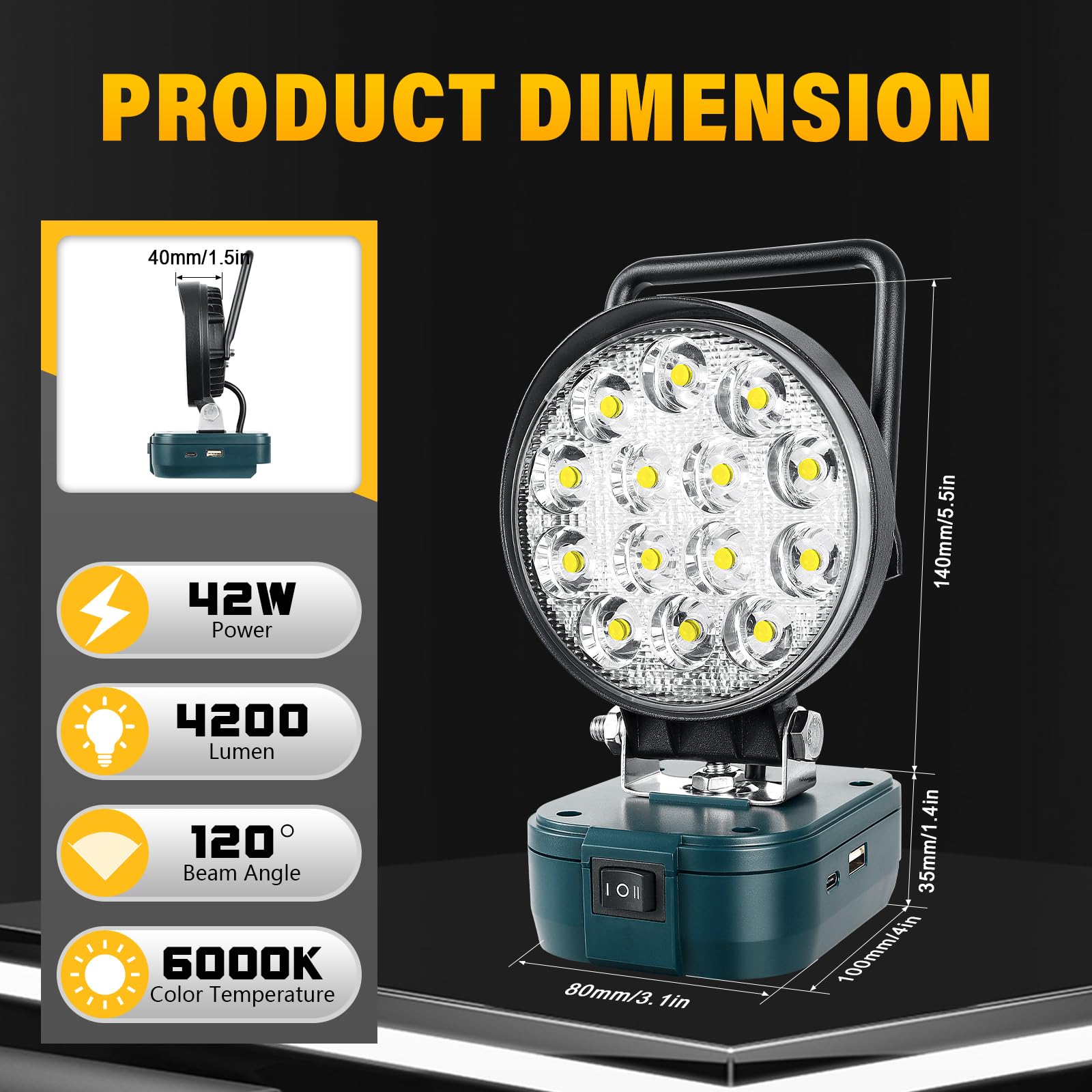 Luz De Trabajo LED 42W Para Batería Bosch 18V - Portátil, Con USB Y Ajuste De ángulo