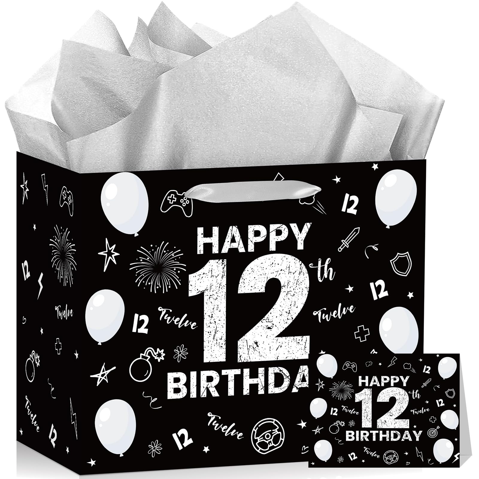 Woosytoo 12th Birthday Gift Bag for Boys Girls Happy 12th Birthday Party Gift Bags with Wrapping Paper Greeting Card Black White 12 Year Old Bday Decorations Party Favors Supplies Decor