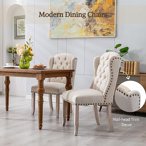 Miniatura 6 de HEAH-YO Juego de 2 sillas de comedor modernas, sillas de cocina tapizadas con patas de madera y clavos de cobre, sillas copetudas sin brazos para