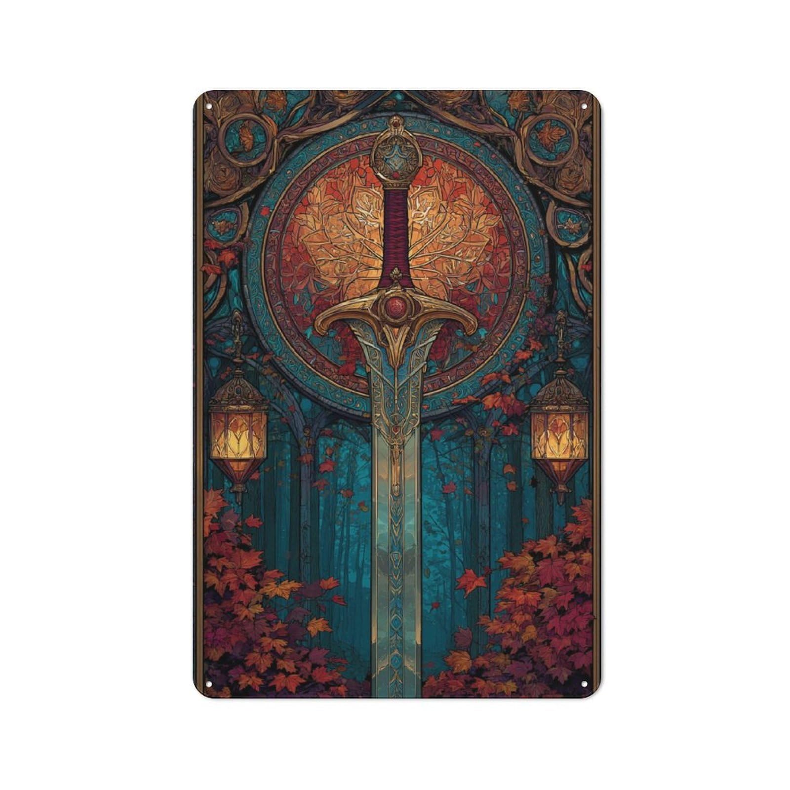 Understated Decorative Metal Sign 30x20cm Featuring Enchanted Blade in Autumn Forest, Study Room Decor for Workspace, Cafe, Shop Or Desk Area