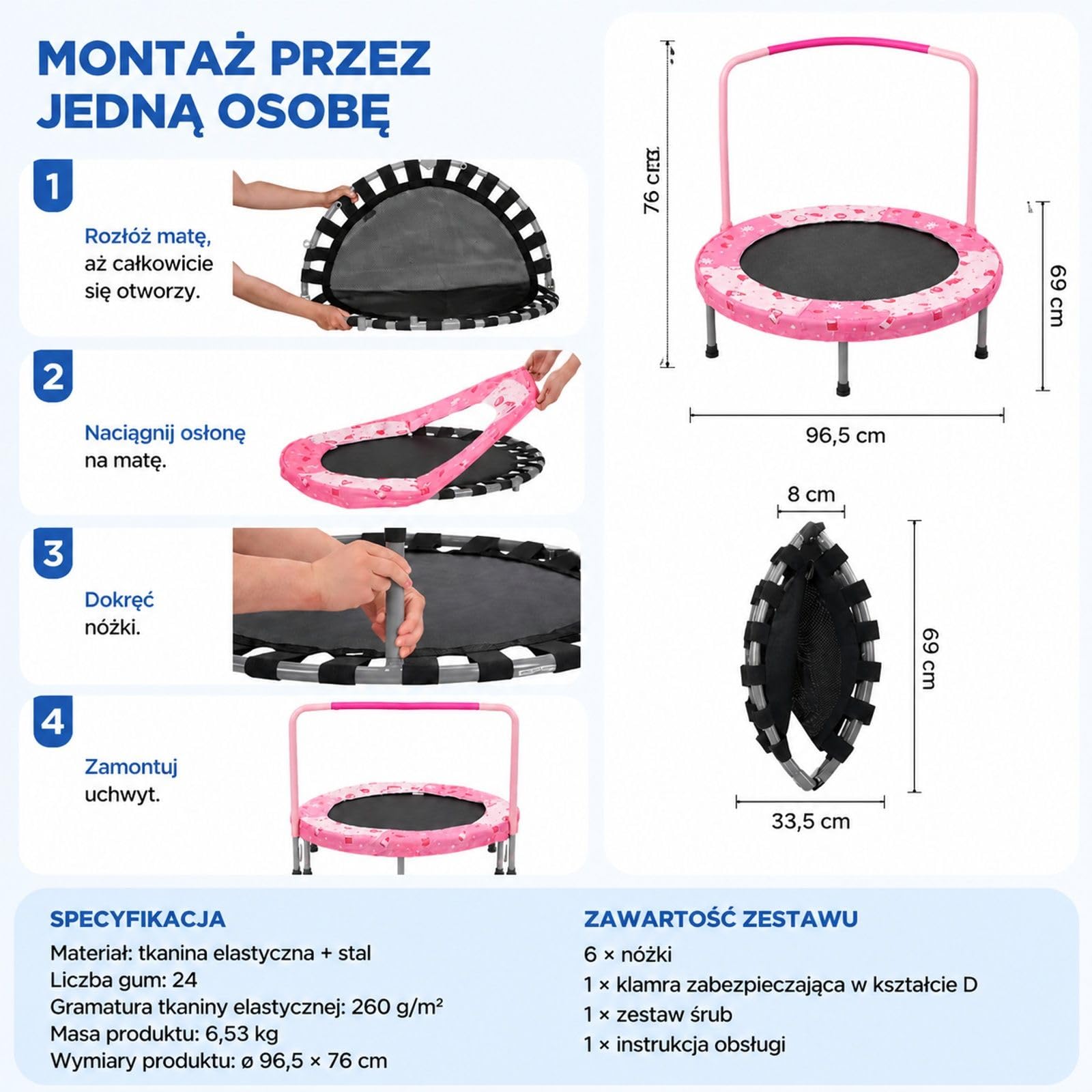 Składana mini trampolina z uchwytem, czerwona, trampolina ogrodowa ze wzmocnionymi nogami i łatwym przechowywaniem