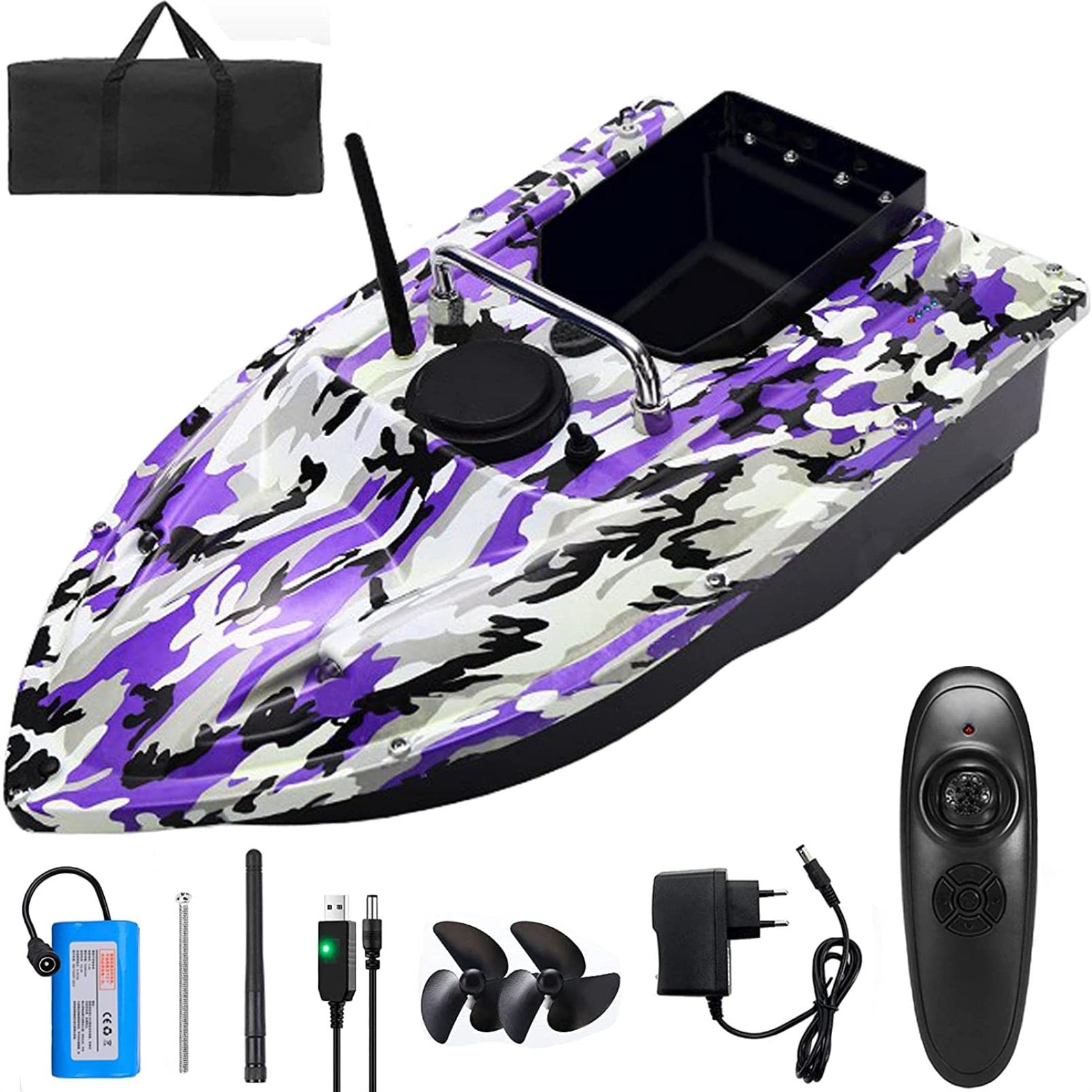 Barcos Cebador Inteligente, Barco de Pesca Teledirigido con Función de Crucero Automático y Batería Recargable, Mando a Distancia con una Mano, Transporte Cebo 2,0 KG, Cargador de la UE