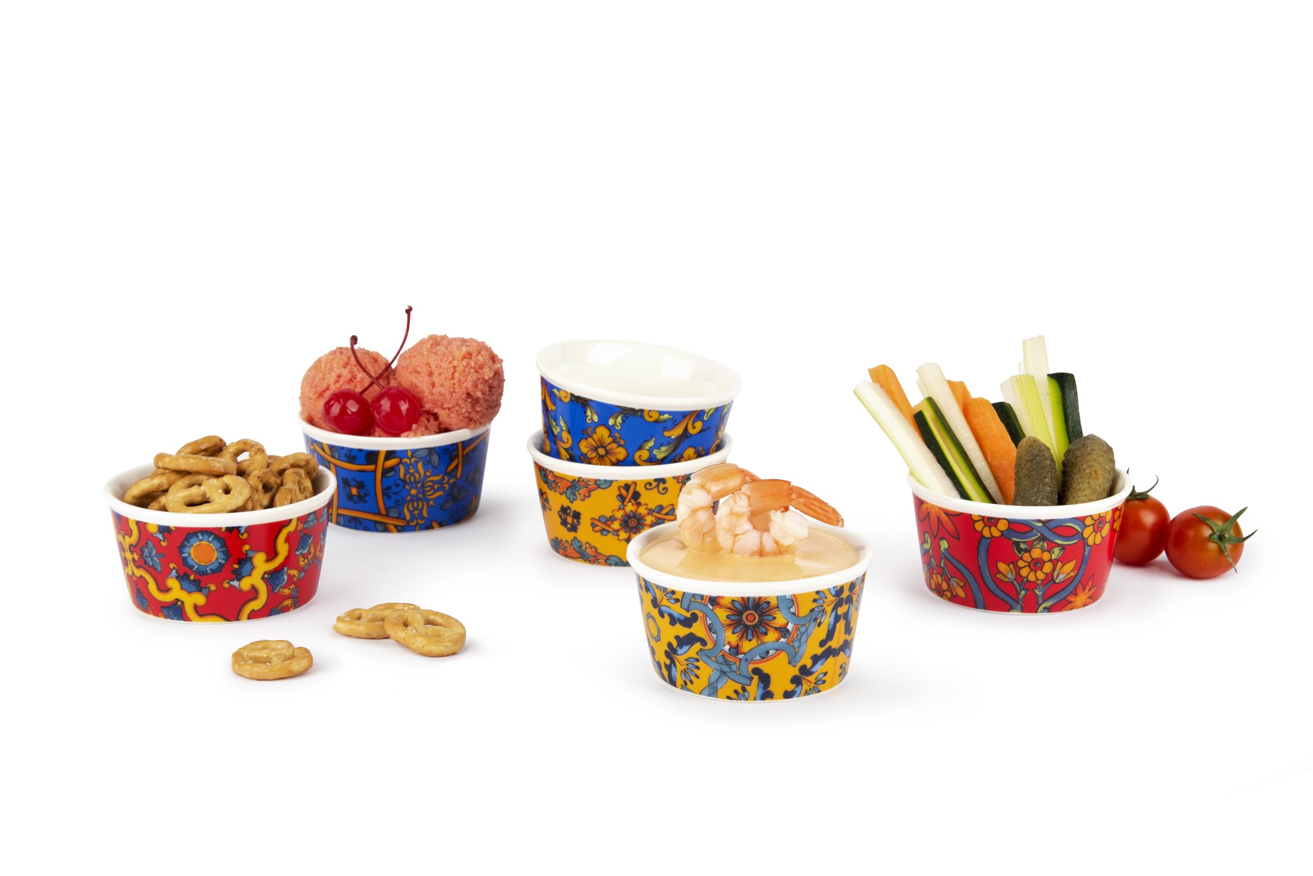 Excelsa Trinacria Set 6 Coppette Gelato/Aperitivo, Porcellana, Diametro 8.7 Cm., Decori Assortiti