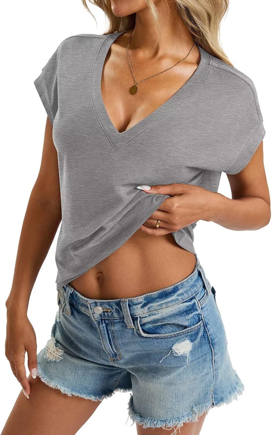 Womens Cap Sleeve Crop Tops Cotton V Neck T Shirt Boxy Loose Fit Short Sleeves Tee Summer Fashion Clothes 2026 - Image 3