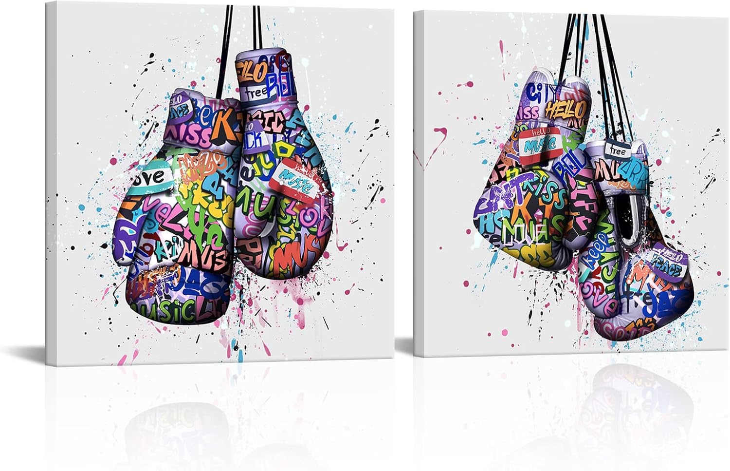Visual Art Decor Blue Boxing Gloves Sports Posters Graffiti Wall Art Painting Boys Room Decor Framed Ready to Hang 2 Pieces (12inx12inx2 Pieces)