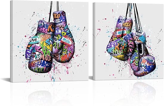Visual Art Decor Blue Boxing Gloves Sports Posters Graffiti Wall Art Painting Boys Room Decor Framed Ready to Hang 2 Pieces 12inx12inx2 Pieces