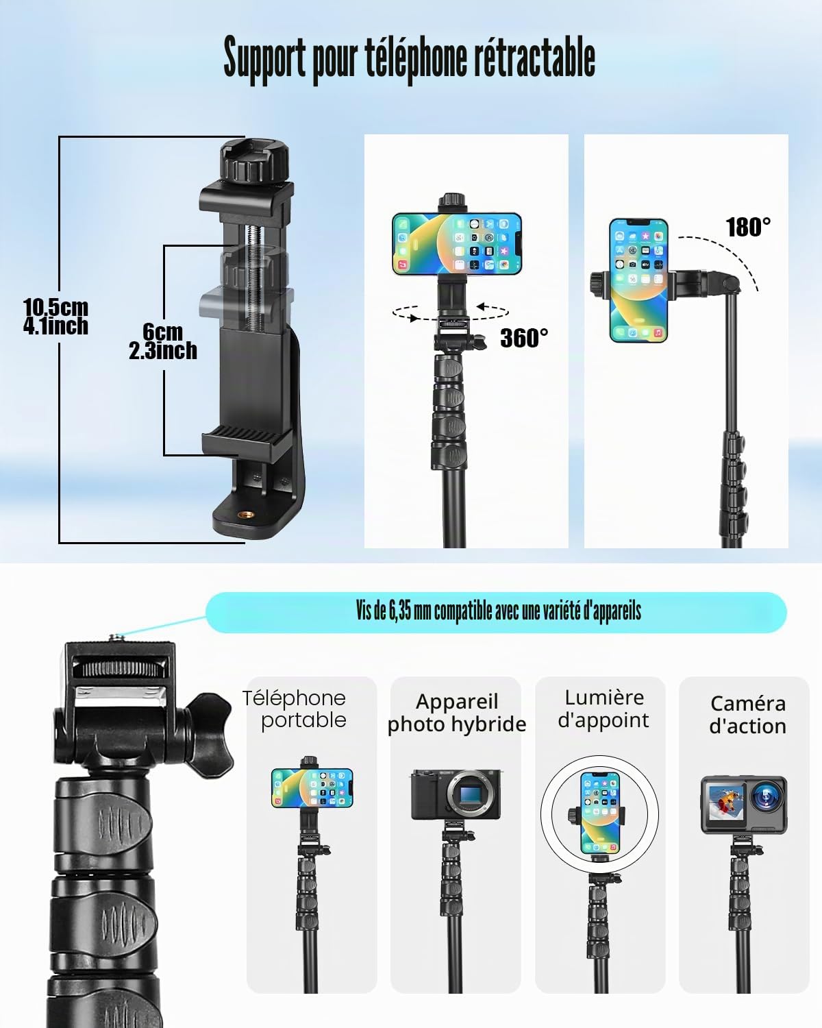 CAMBOFOTO Trépied Téléphone Portable 168cm Aluminium Professionnel,Trepied Smartphone, Support Universel pour Smartphone/iPhone/Appareil Photo, Léger et Portable pour Voyage, Vlogging