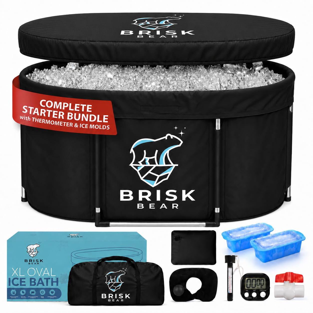 XL Oval Ice Bath Tub for Athletes with Cover by Brisk Bear - Extra Large Cold Plunge Tub for Recovery - Ice Tub with Digital Timer, Thermometer &amp; Reusable Ice Molds - Cold Plunge to Soothe Muscles