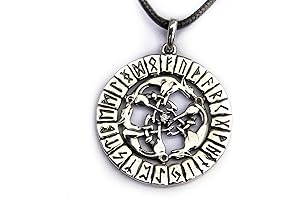 Tribal Wolf Pack Viking Runes Circle Pendant Necklace
