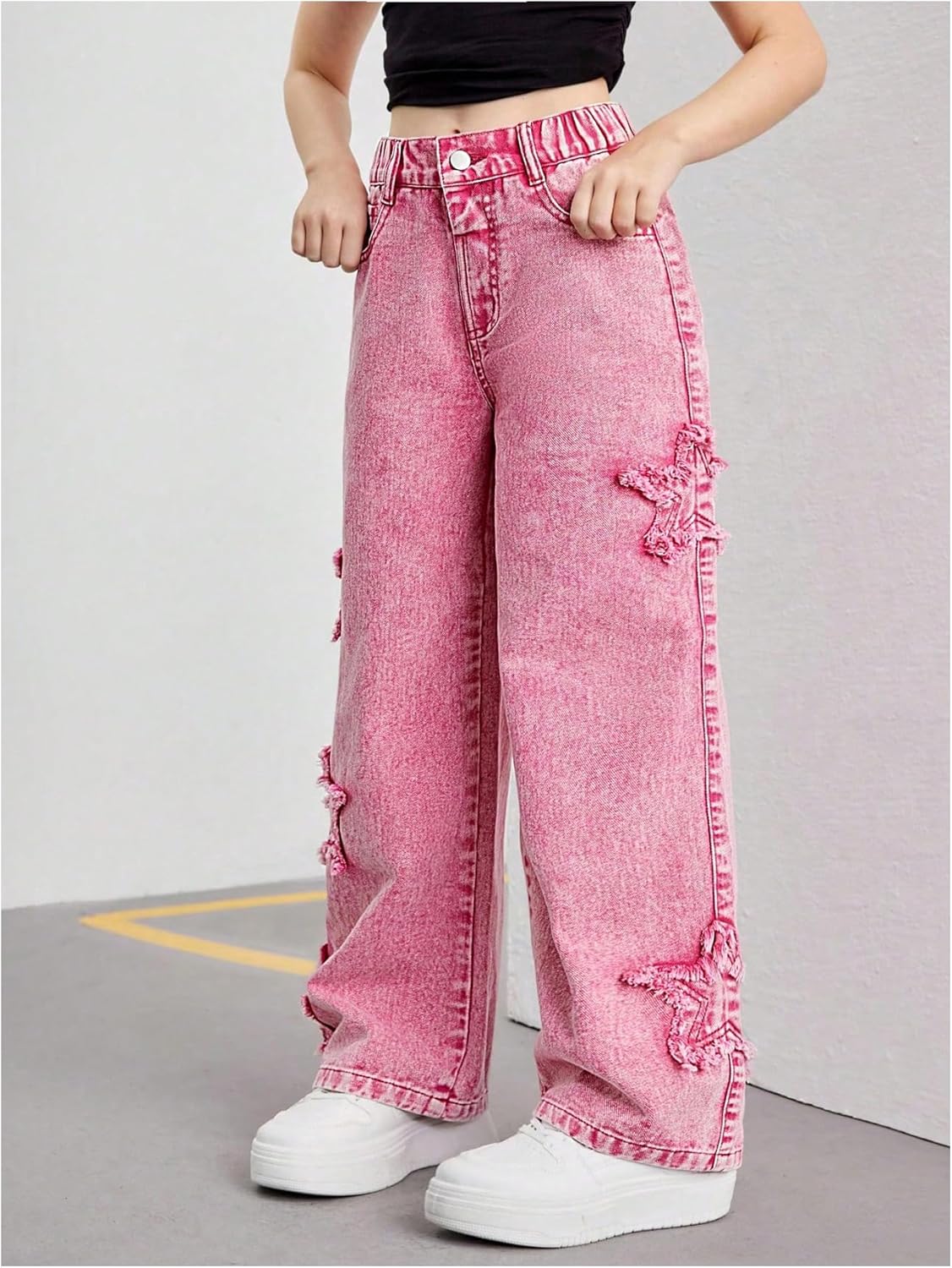 Floerns Girl's Ripped Star Y2k Denim Pants Elastic Waist Straight Leg Street Jeans