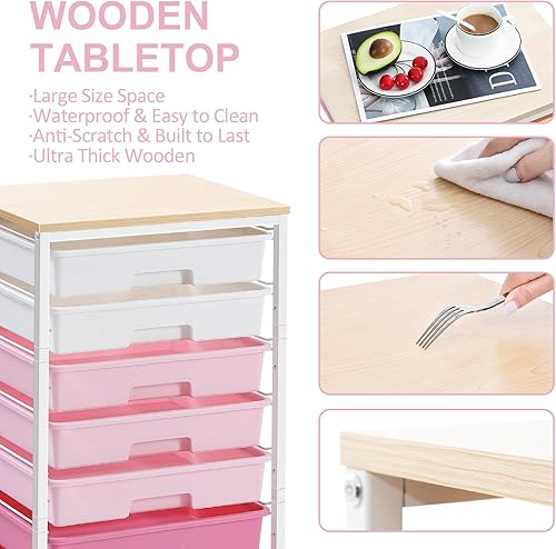 Miniatura 4 de Carrito rodante con cajones, carrito de almacenamiento con 8 cajones y mesa de madera, carrito utilitario para sala de estar, aula, dormitorio,