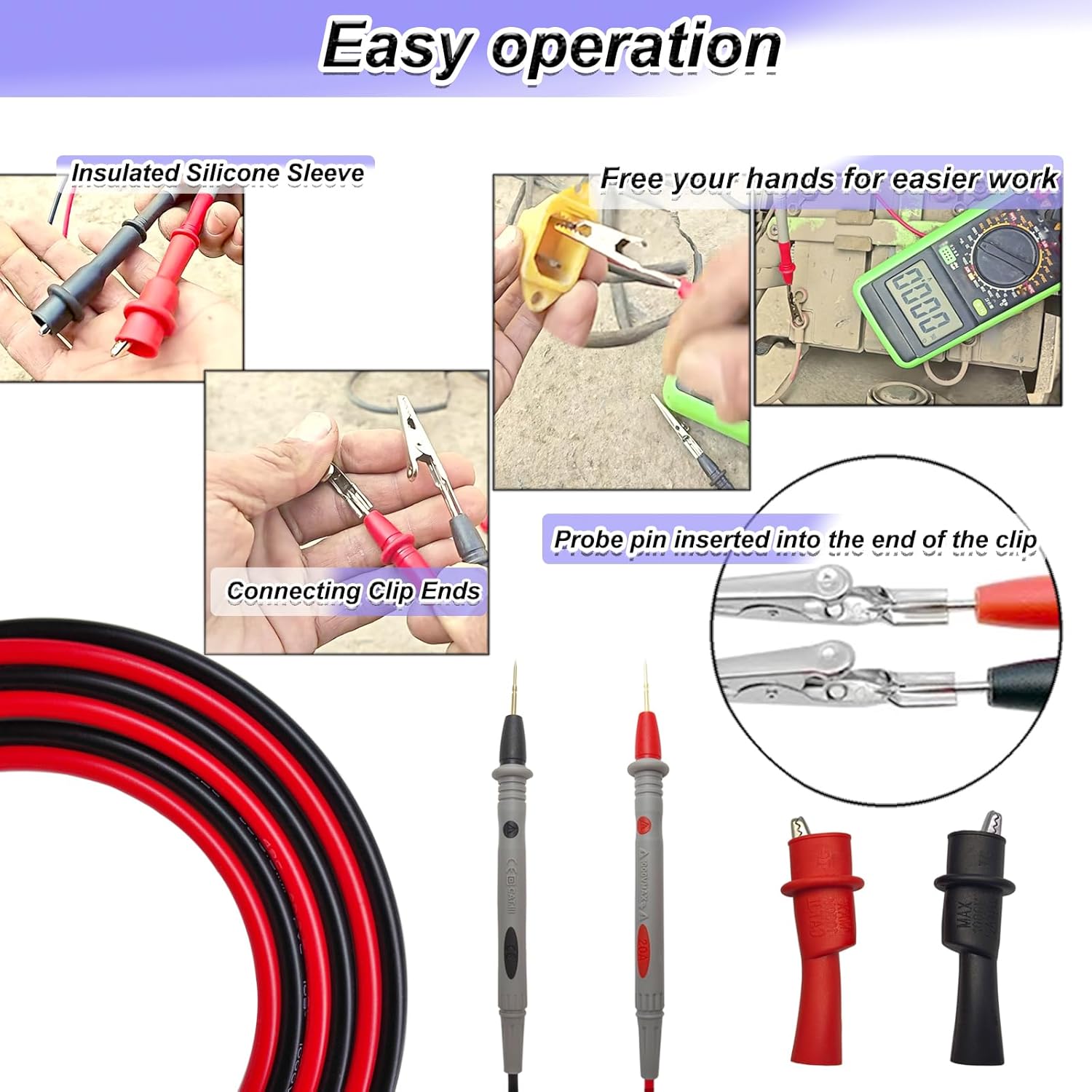 Professional Multimeter Test Leads 1000V 20A, 40.5in, Test Leads Kit, Ultra-Sharp Gold-Plated Probes, Silicone Meter Leads for Fluke, AstroAI, Klein Multimeter & Automotive Testing (Upgraded) - Image 6