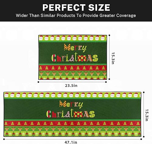 Miniatura 3 de Juego de 2 alfombras y tapetes de cocina de Navidad, antideslizantes, lavables, lindos dibujos animados de Papá Noel, tapete de cocina verde