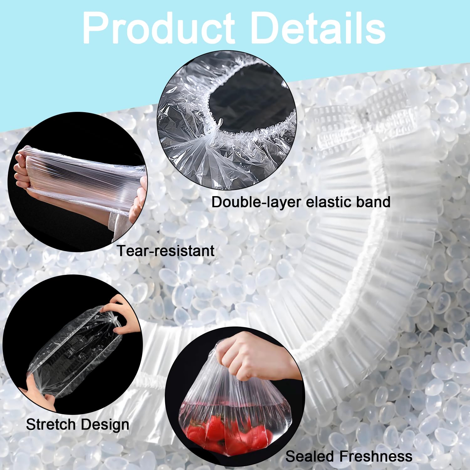 300 film transparente con elástico, cubiertas elásticas para masa, bolsas reutilizables de plástico, bolsas sellables para fermentación de masa, gorro de ducha (L-blanco)