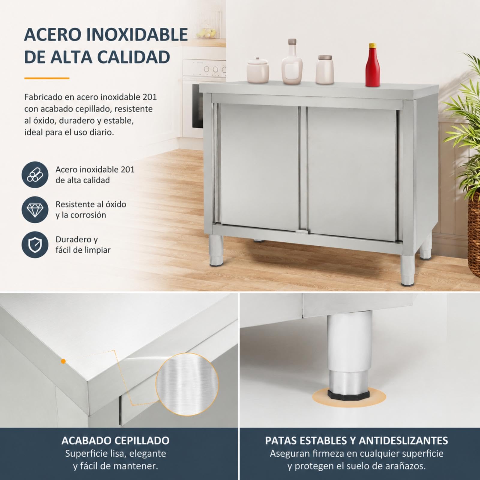 Mesa de trabajo con puertas correderas, mesa de trabajo de cocina de acero inoxidable, 100 x 50 x 86 cm, almacenamiento de altura ajustable de 5 a 20 cm, armario gastro de acero inoxidable