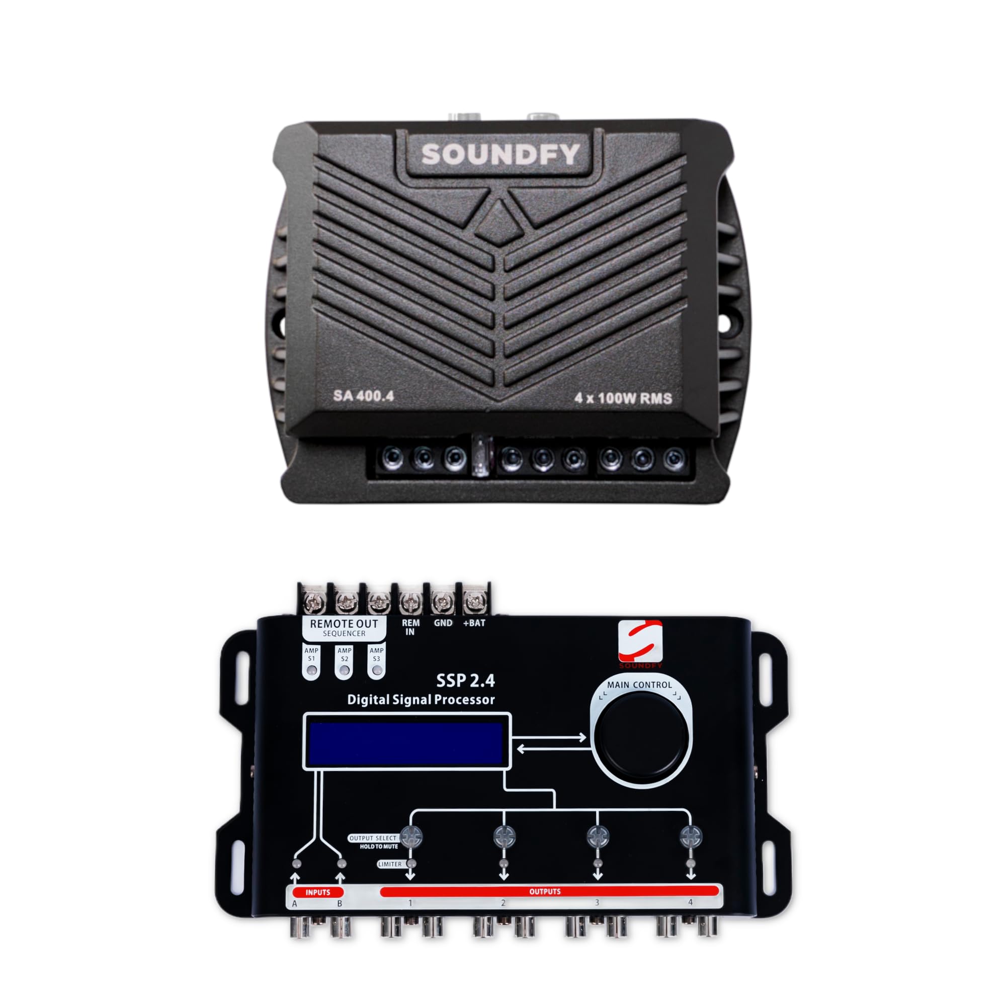 SA 400.4 2 Ohms Compact Digital 4 Channels Amplifier and Soundfy SSP 2.4 Digital Crossover and Equalizer 2 Channel Inputs and 4 Channel Outputs